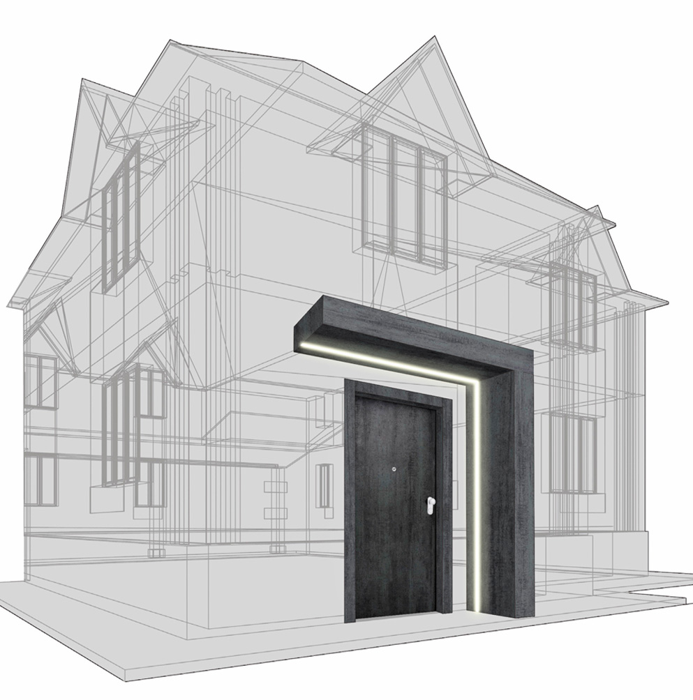 Puerta porcelánica acorazada + Complemento de fachada